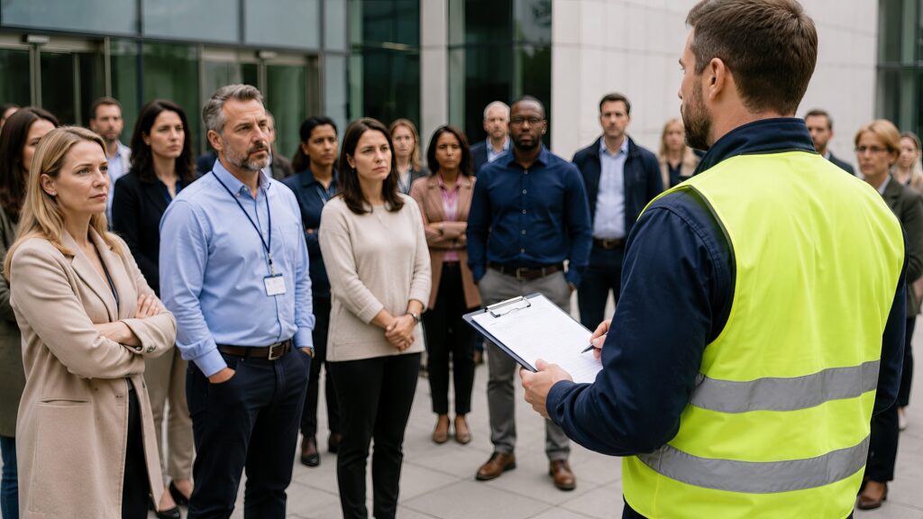 Building occupants gathered at the assembly area during a fire drill